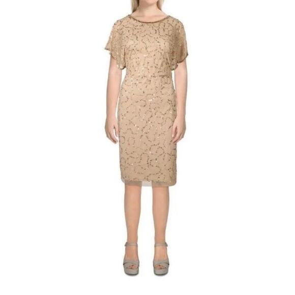 ADRIANNA PAPELL Beaded Flutter Sleeve Champagne & Gold Cocktail Dress Size 16W - Picture 4 of 4